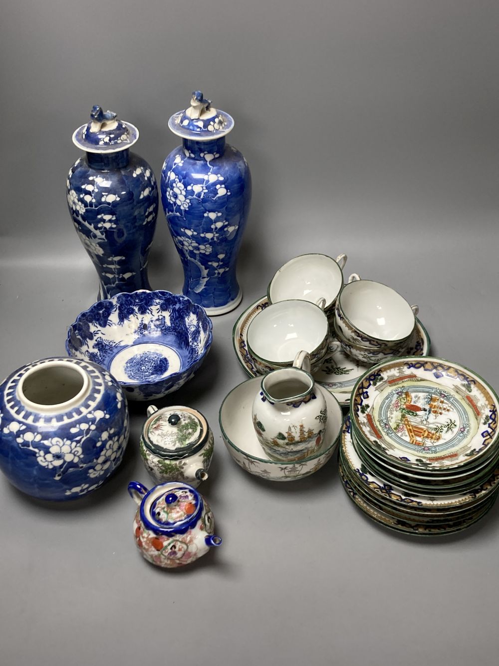Two Chinese blue and white baluster jars and covers, a ginger jar, a bowl, etc., all early 20th century